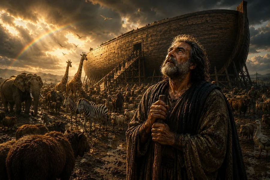 Noah before the ark, cinematic painterly style.