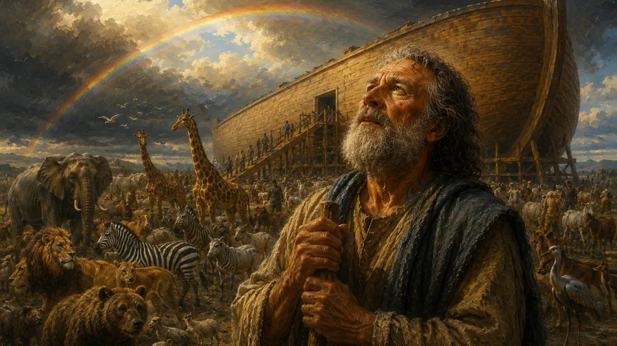 Noah before the ark as a classical oil painting.