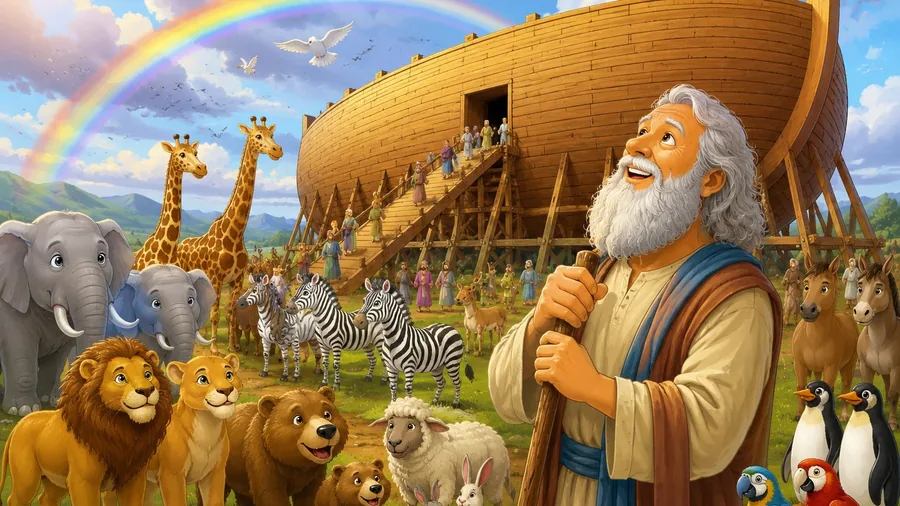 The ark and animals in a soft illustrated style.