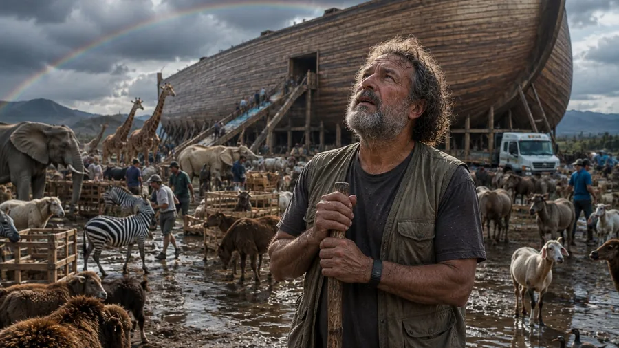 The ark scene staged in the present day, photoreal.