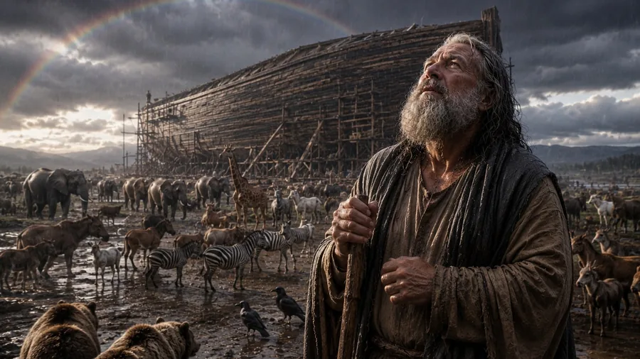 Noah and the animals in period dress, photoreal.