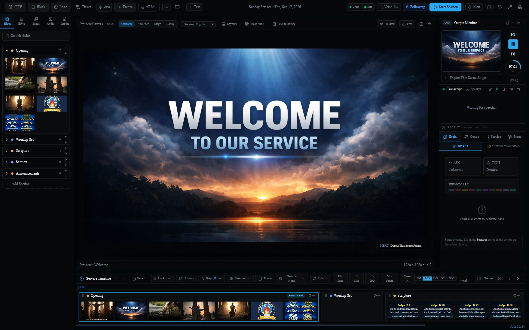The Aria console: the order of service down the left, a large preview of the welcome slide in the centre, the live output monitor and the speech transcript on the right, and the service timeline with scripture slides along the bottom.